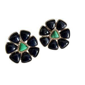 Banana Republic Floral Navy Turquoise Gold Tone Statement Earring